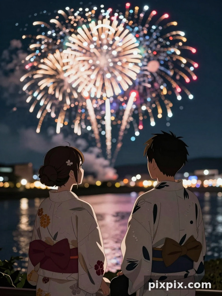 Fuegos artificiales y yukata - Anime
