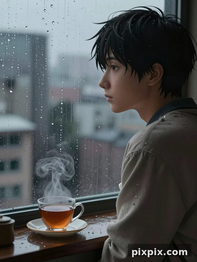 Reflejo en ventana lluviosa - Anime