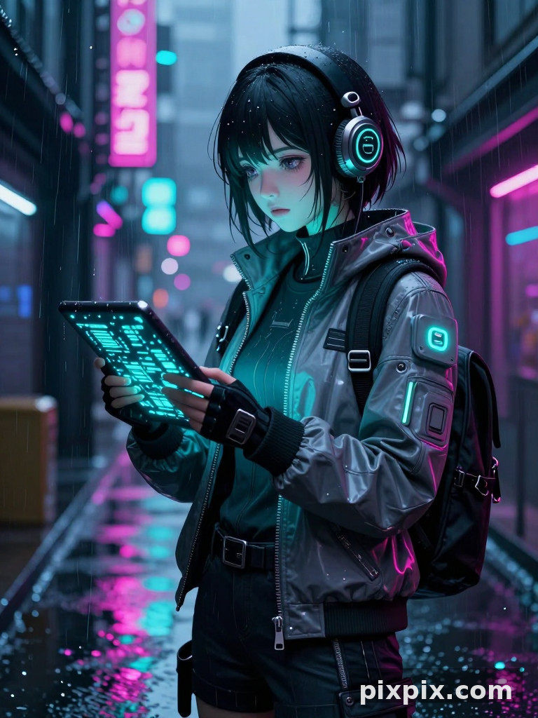 Hacker cíber en callejón neón - Anime