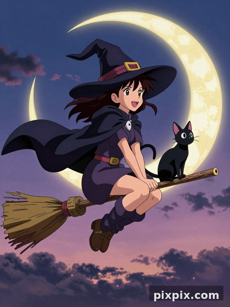 Bruja volando en escoba - Anime