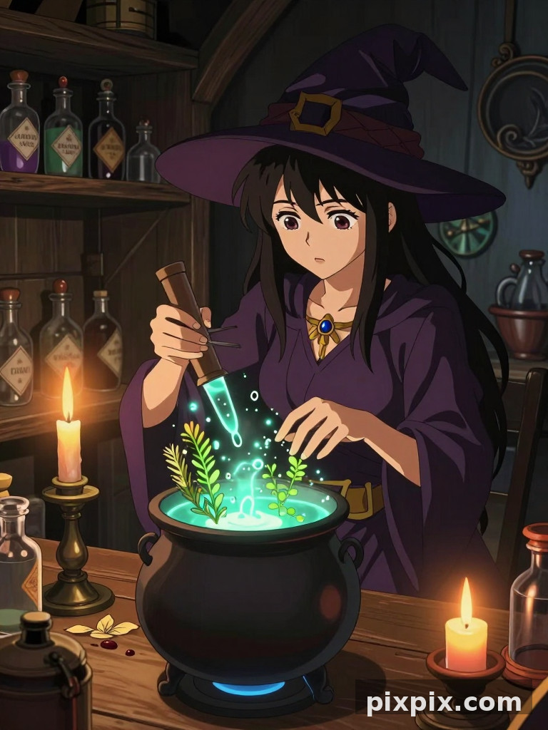 Bruja en su taller de pociones - Anime