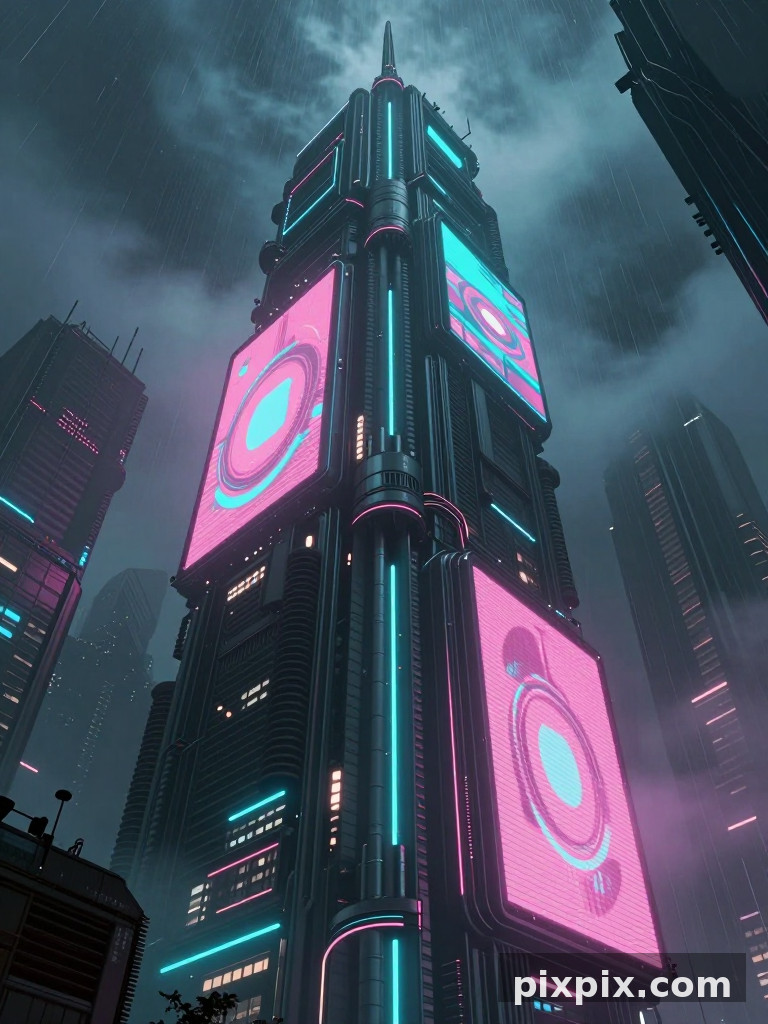 霓虹赛博朋克塔夜 - 建筑空间