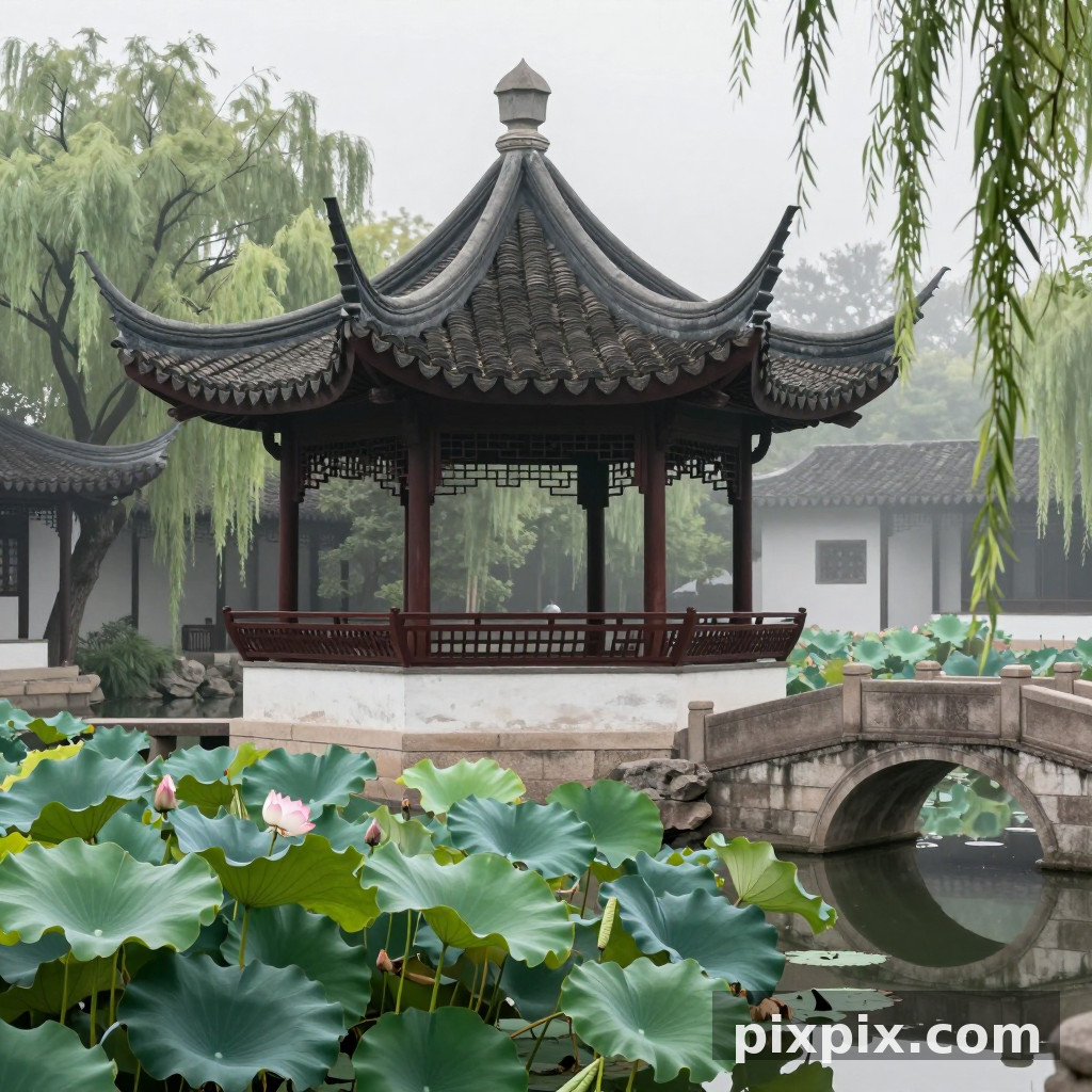 迷雾中式园林亭子 - 建筑空间