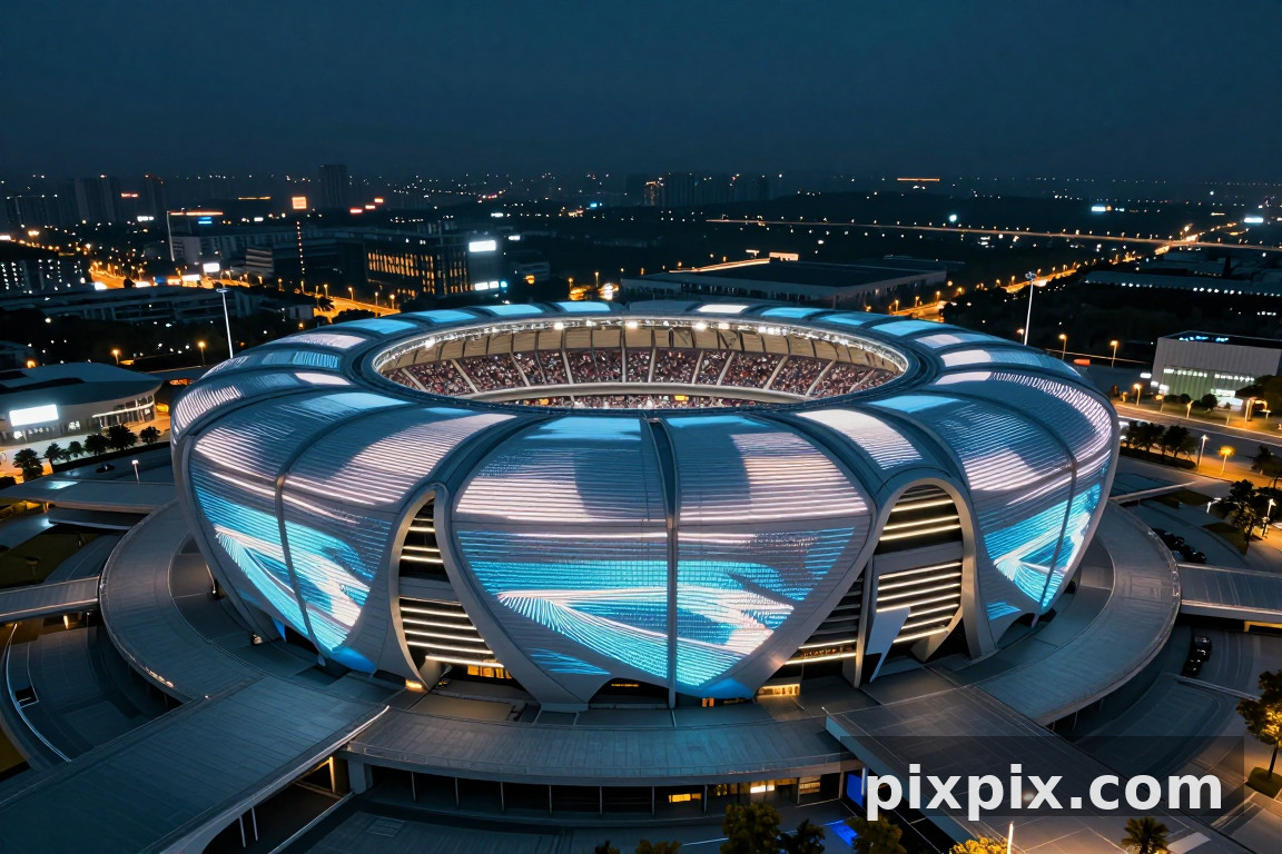 Vue aérienne nocturne d'un stade moderne - Architecture