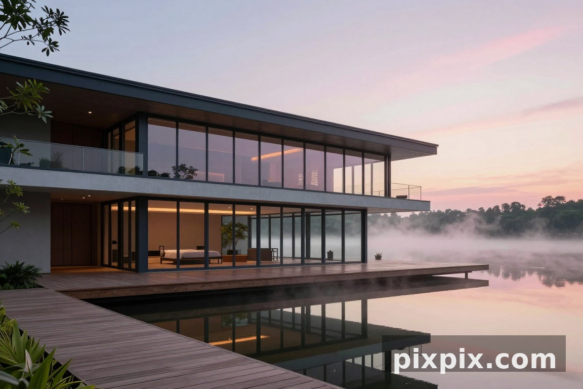 Maison moderne au bord du lac à l'aube - Architecture