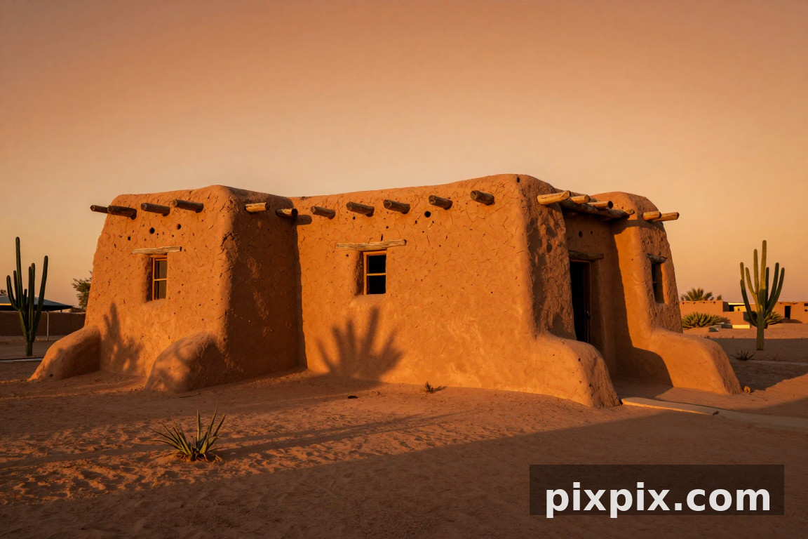 Habitation en adobe du désert au coucher du soleil - Architecture