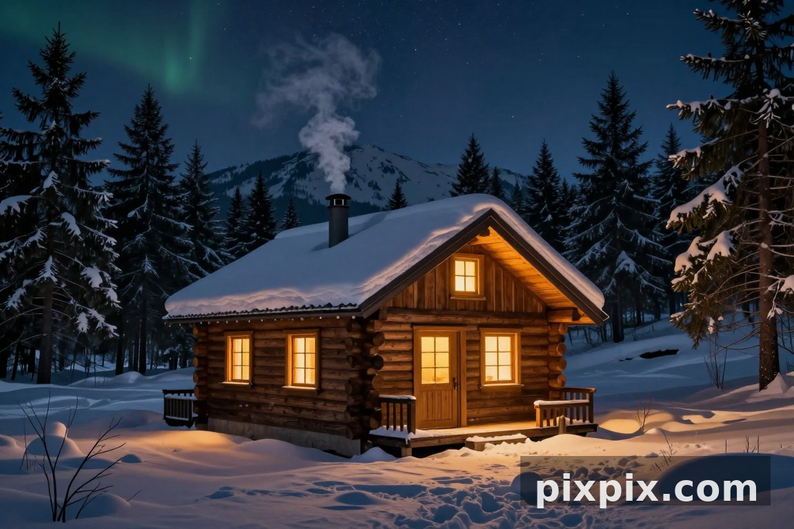 Chalet de montagne enneigé la nuit - Architecture