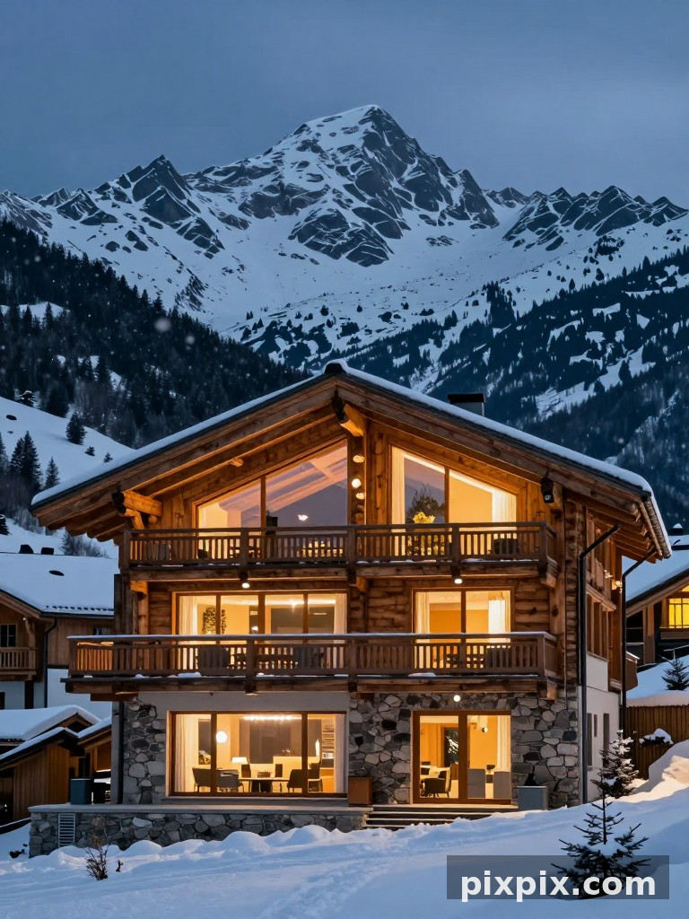 Chalé Alpino Moderno ao Anoitecer - Architecture