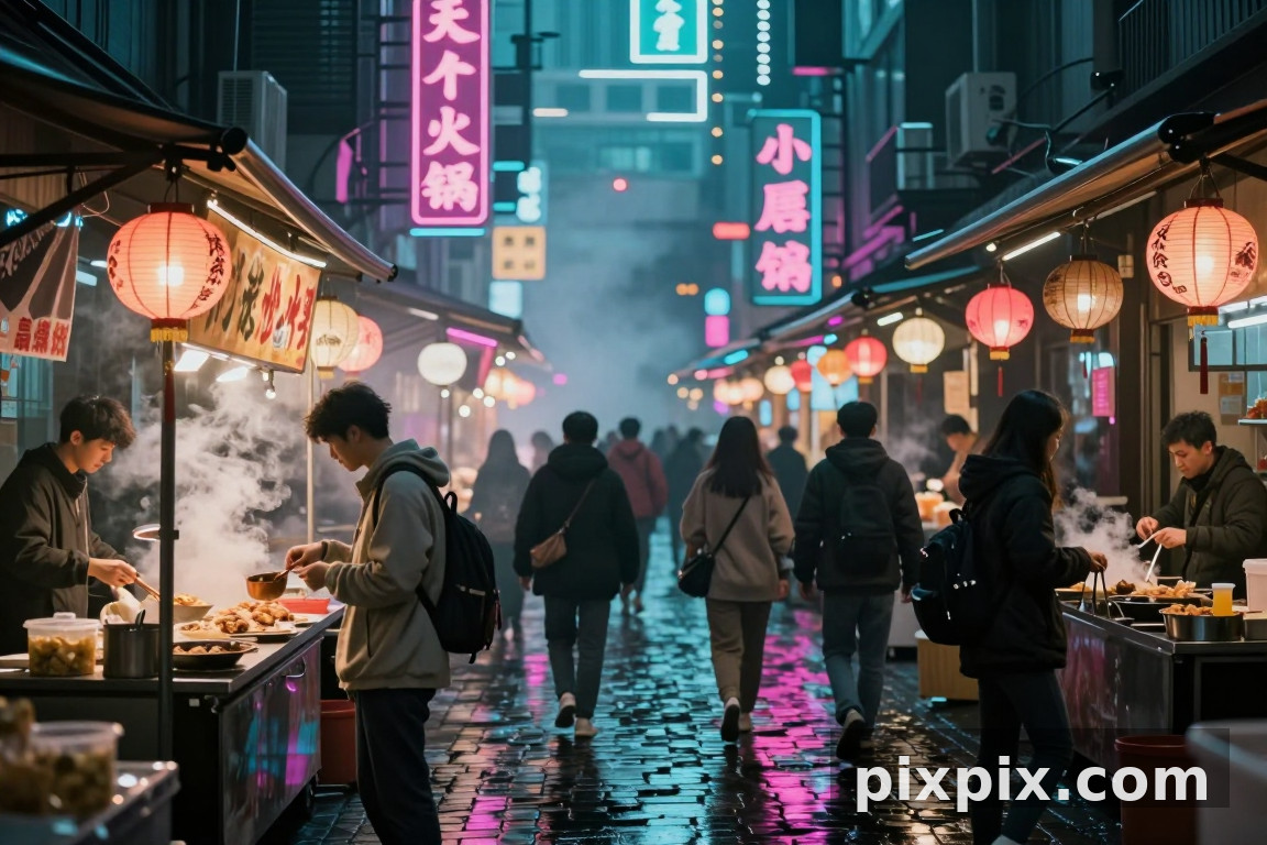 زقاق سوق ليلي بإضاءة النيون - Cyberpunk