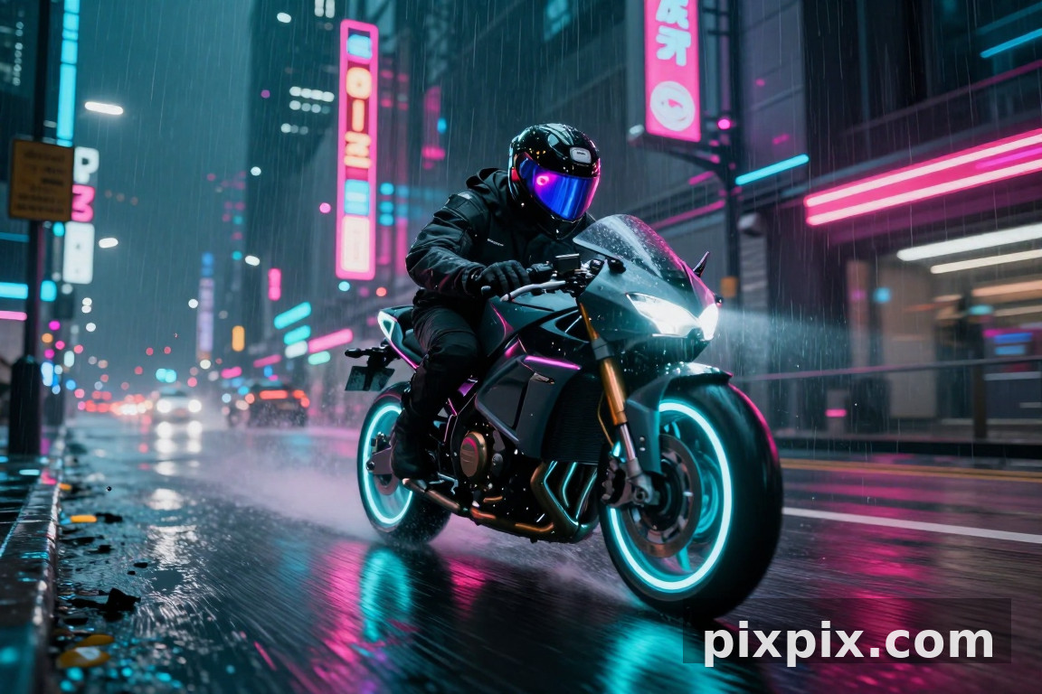 雨中的霓虹摩托骑手 - 赛博朋克