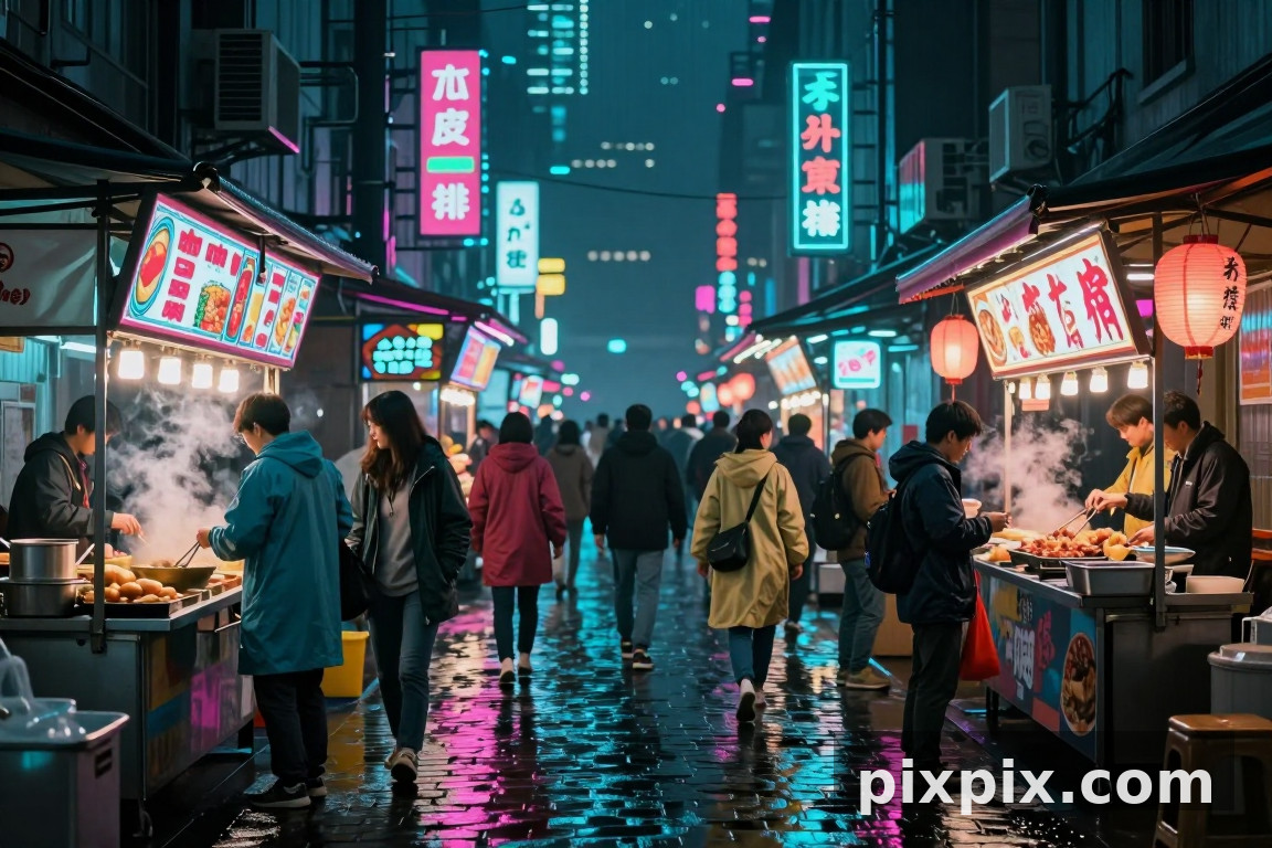 Mercato notturno al neon affollato - Cyberpunk