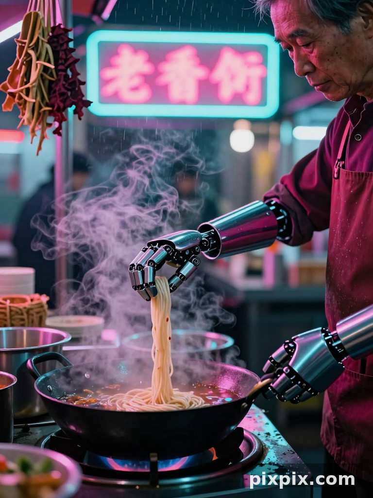 Venditore di noodle nel bazar al neon - Cyberpunk