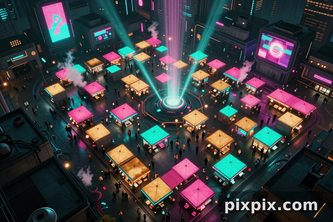 Veduta dall'alto del labirinto del mercato al neon - Cyberpunk