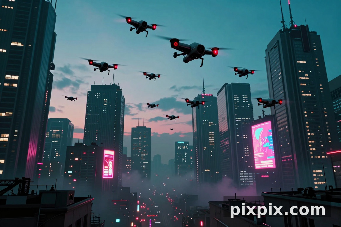 Sciame di droni sopra la megalopoli - Cyberpunk