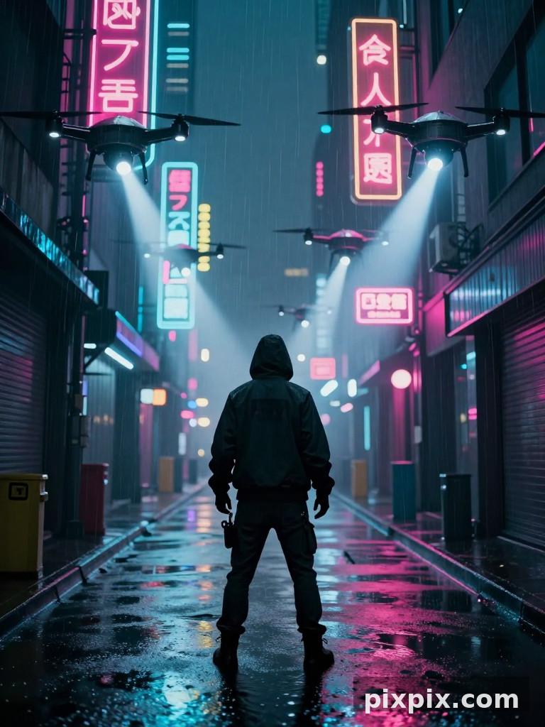 Figura solitaria di fronte alla pattuglia di droni - Cyberpunk