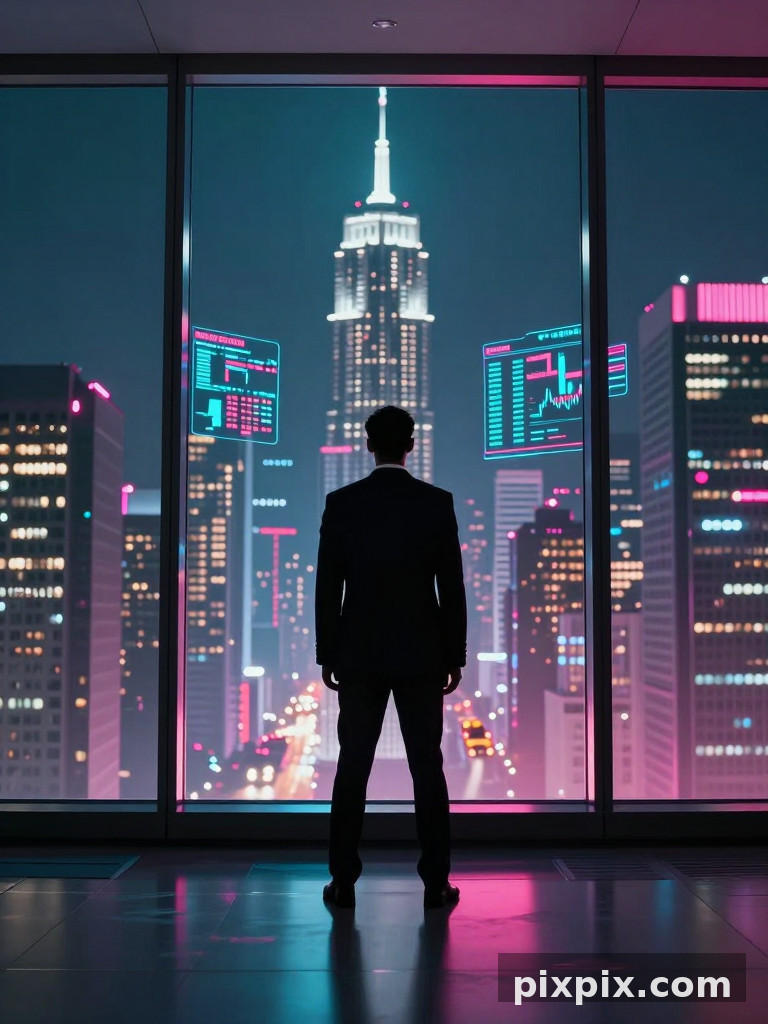 Dirigente alla finestra panoramica dell'ufficio - Cyberpunk