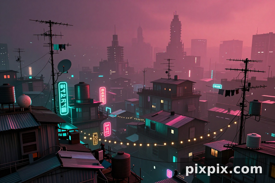 রাতে বস্তির ছাদের ঝুপড়ি - Cyberpunk