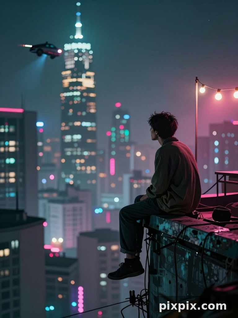 Abitante che osserva lo skyline dal bordo degli slum - Cyberpunk