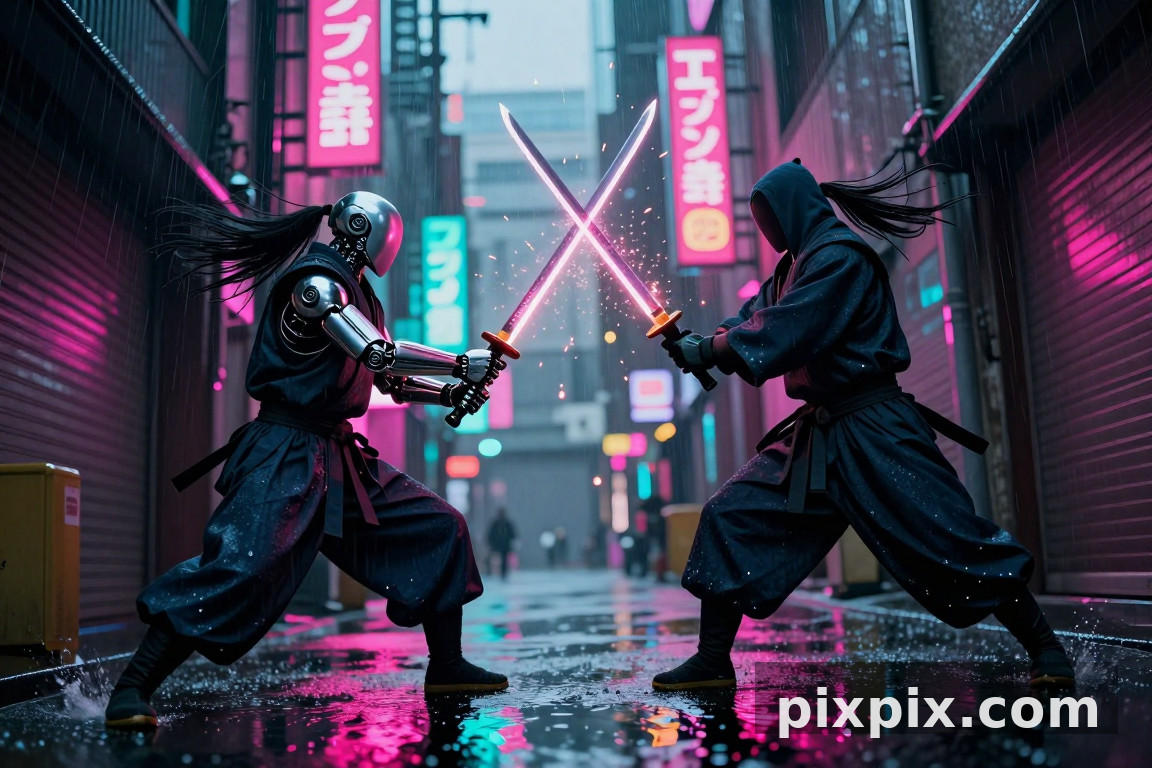 雨中的街头武士决斗 - 赛博朋克