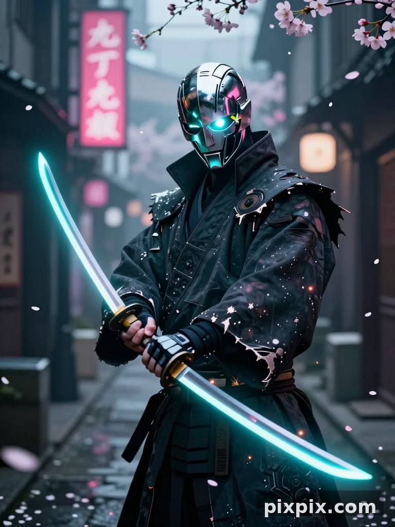 Street samurai solitario che sguaina la lama - Cyberpunk
