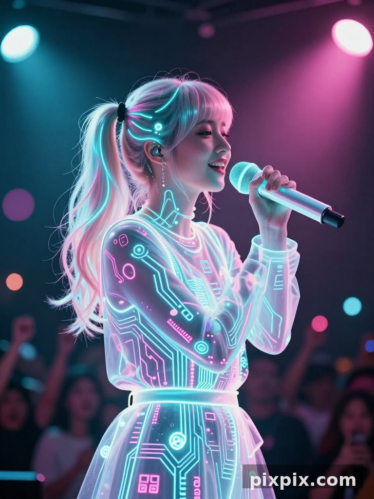 Primo piano di idol virtuale sul palco - Cyberpunk