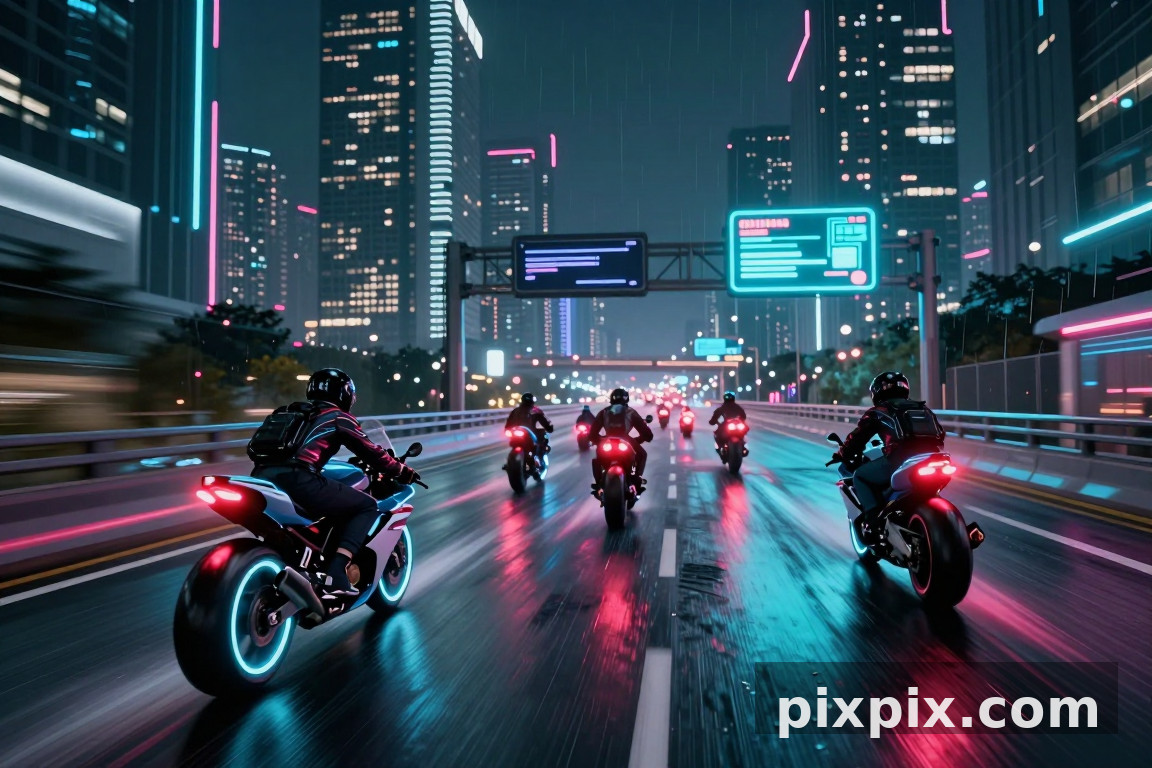 বৃষ্টিতে নিয়ন মহাসড়কের কনভয় - Cyberpunk