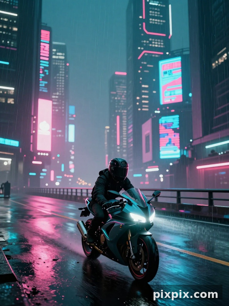 Motociclista solitario in cima al cavalcavia bagnato - Cyberpunk