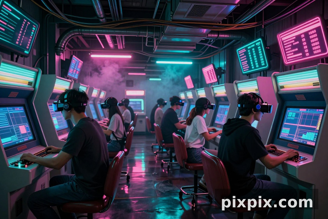 Подземный неоновый игровой зал - Cyberpunk