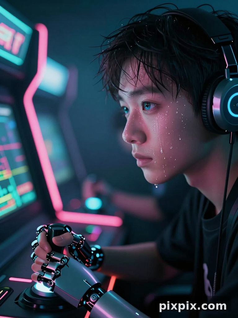 Joueur baigné dans la lueur de l'arcade - Cyberpunk