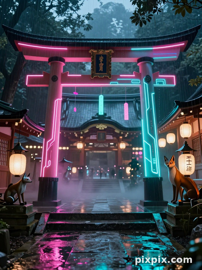 霓虹神社在雨中 - 赛博朋克