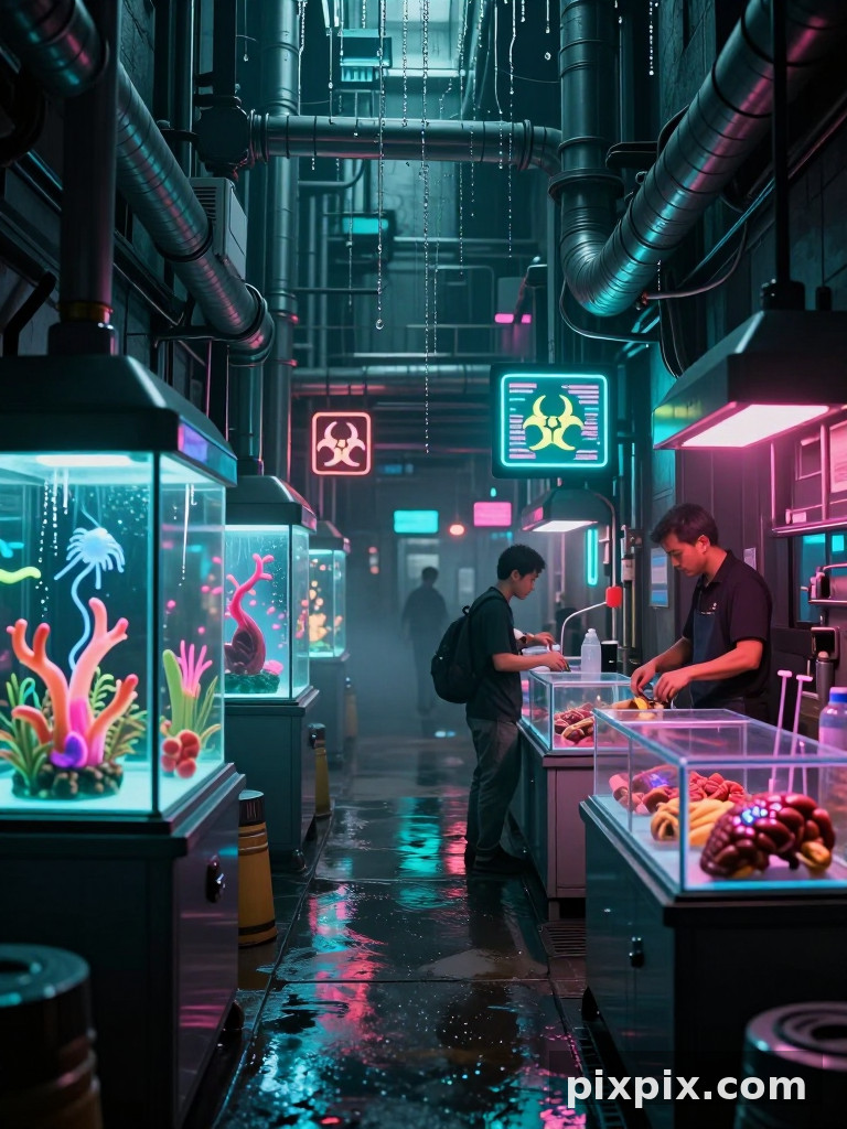 Biotech-Gasse mit leuchtenden Exemplaren - Cyberpunk
