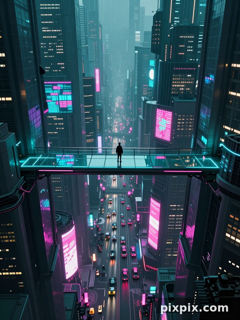 横跨垂直城市的天桥 - 赛博朋克