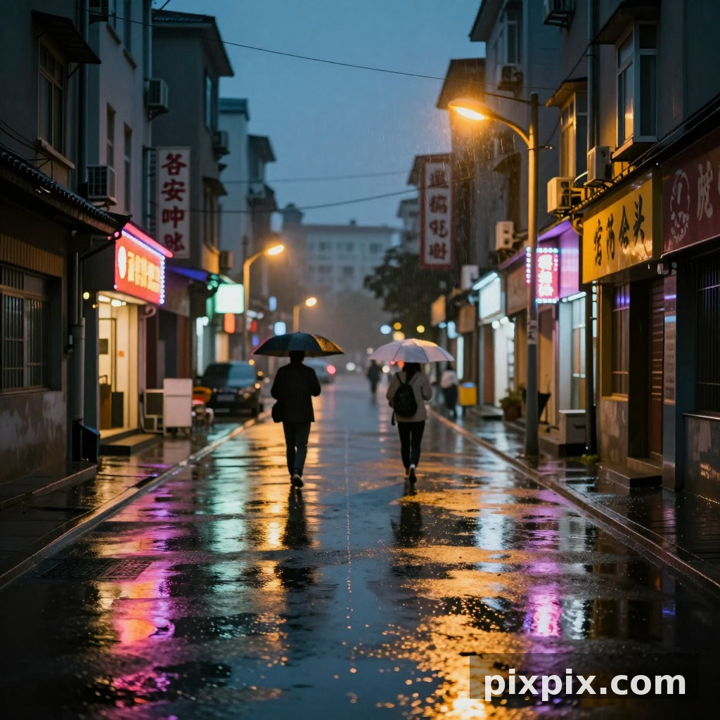 河北省石家庄市雨后的小街道，湿润的柏油路面映出霓虹灯和店铺招牌，路面积水 - 赛博朋克