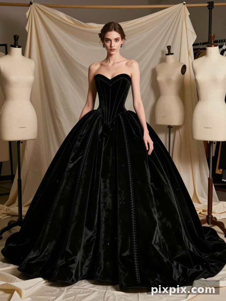 Abito da ballo in velluto nero nell'atelier - Fashion