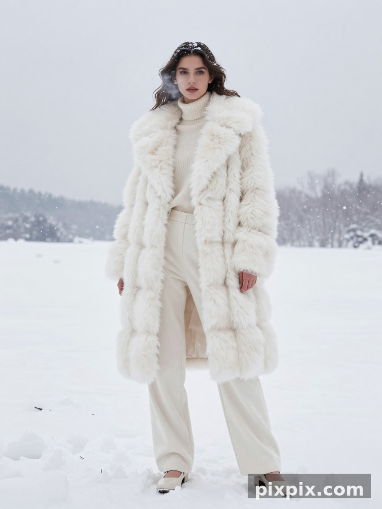 Белое меховое кутюр на снежном поле - Fashion