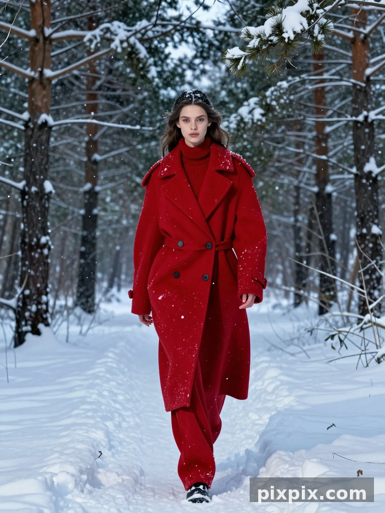 Эдиториал в красном пальто в снежном лесу - Fashion