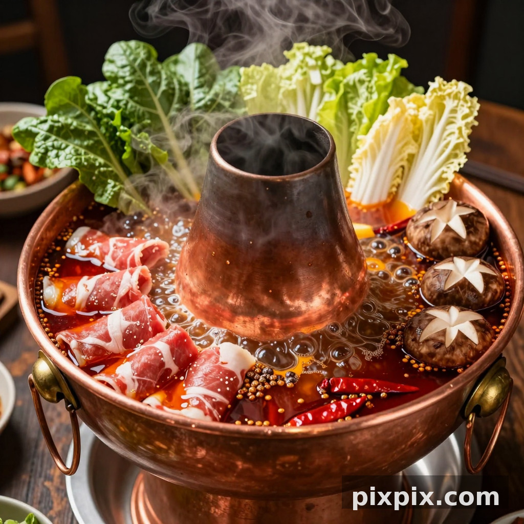 沸腾的辣味火锅配新鲜食材 - 美食