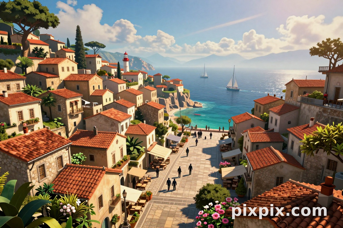 Open World Coastal Town Vista - Game Art