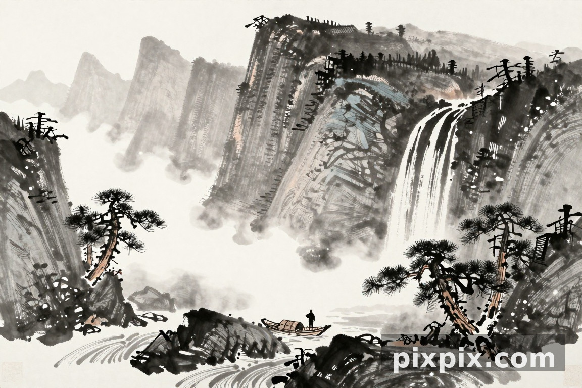 কুয়াশাচ্ছন্ন পাহাড়ের কালি ল্যান্ডস্কেপ - Chinese Style
