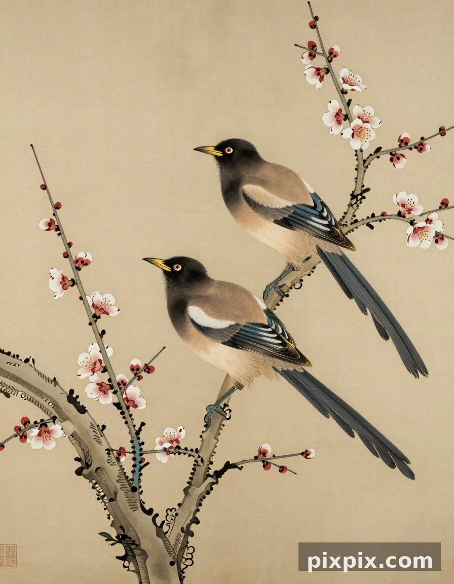 Aves e Flores em Estilo Gongbi - Chinese Style