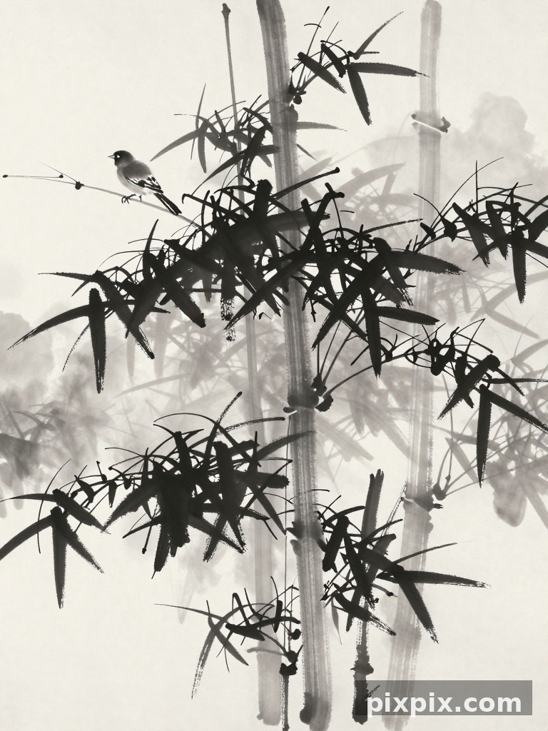 Bambu em Tinta na Névoa Matinal - Chinese Style
