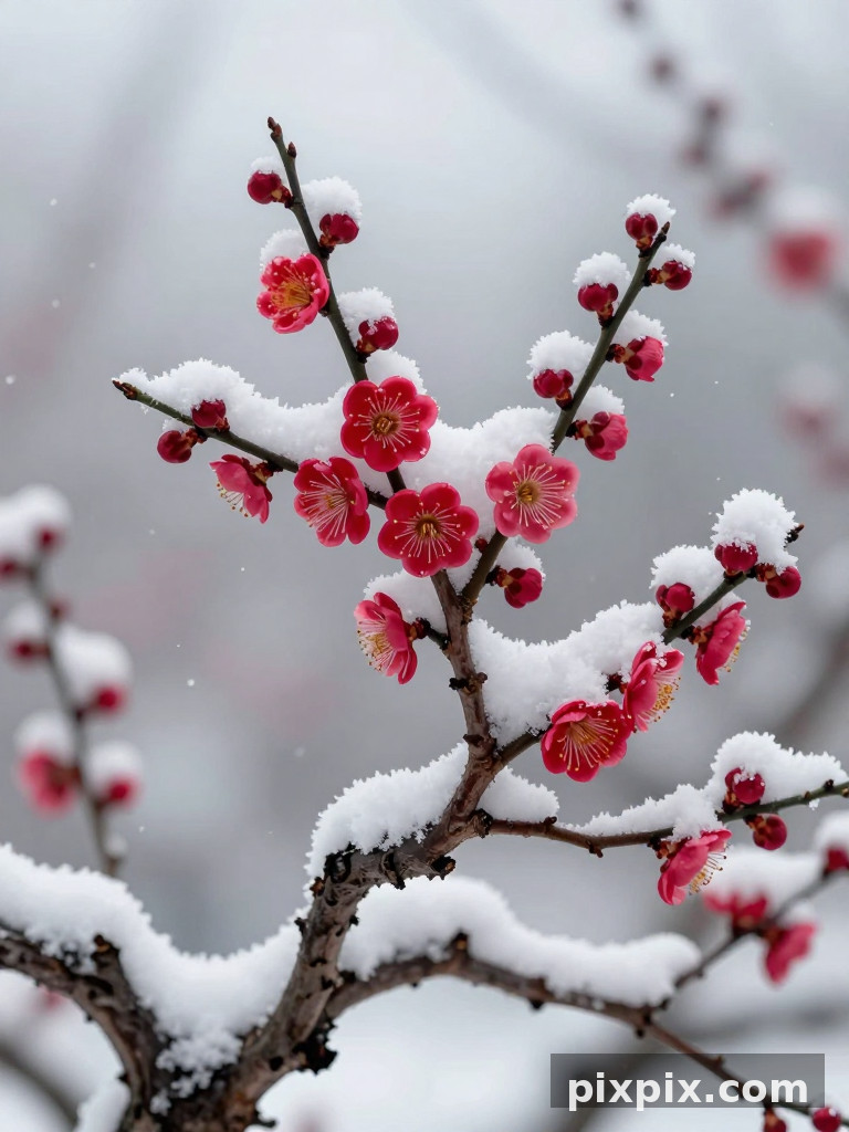 Rote Pflaumenblüten im Schnee - Chinese Style