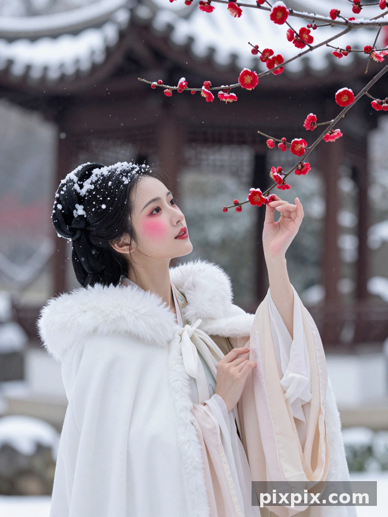 Dame admirant les pruniers sous la neige - Chinese Style