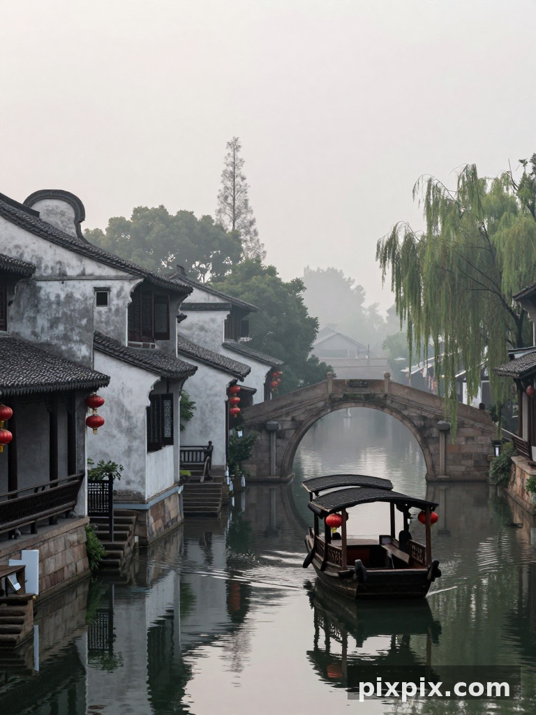 Wasserstadt in Jiangnan im Morgengrauen - Chinese Style