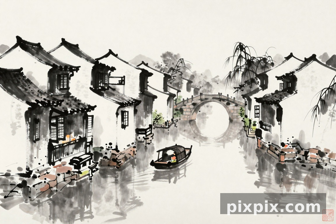 بانوراما بلدة مائية بالحبر الصيني - Chinese Style