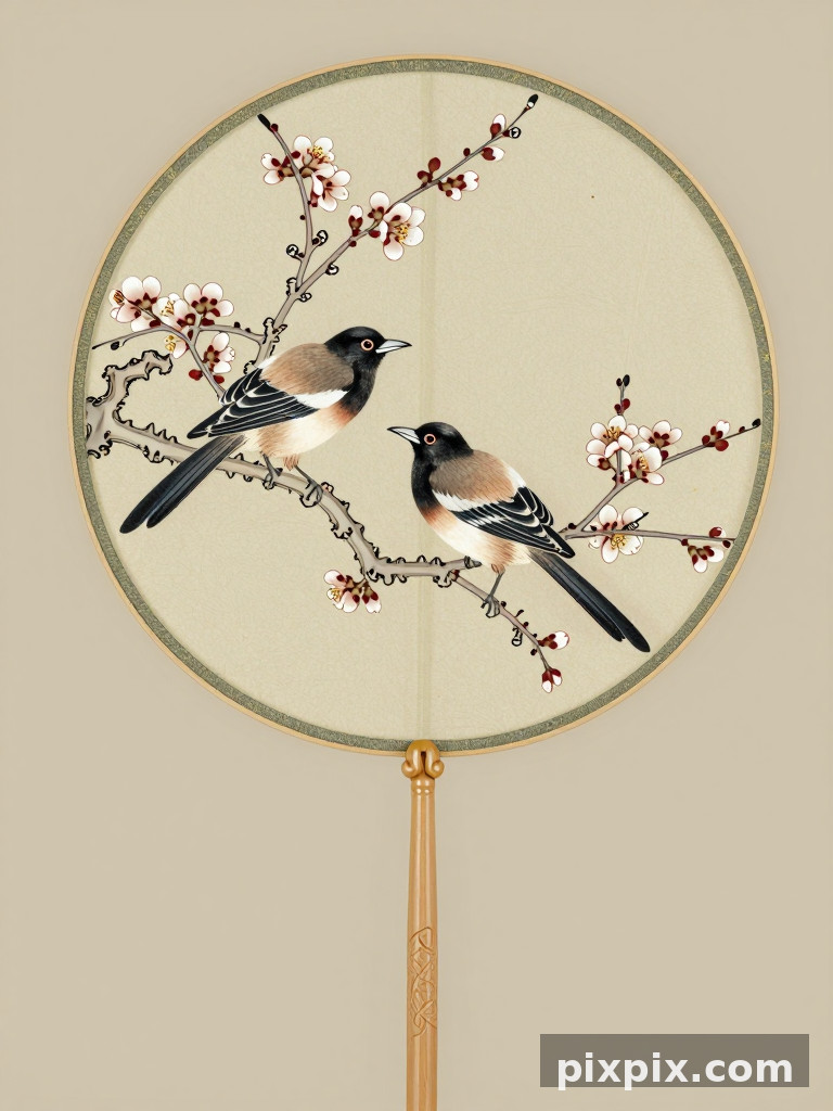 पक्षियों और फूलों की Gongbi पंखा पेंटिंग - Chinese Style