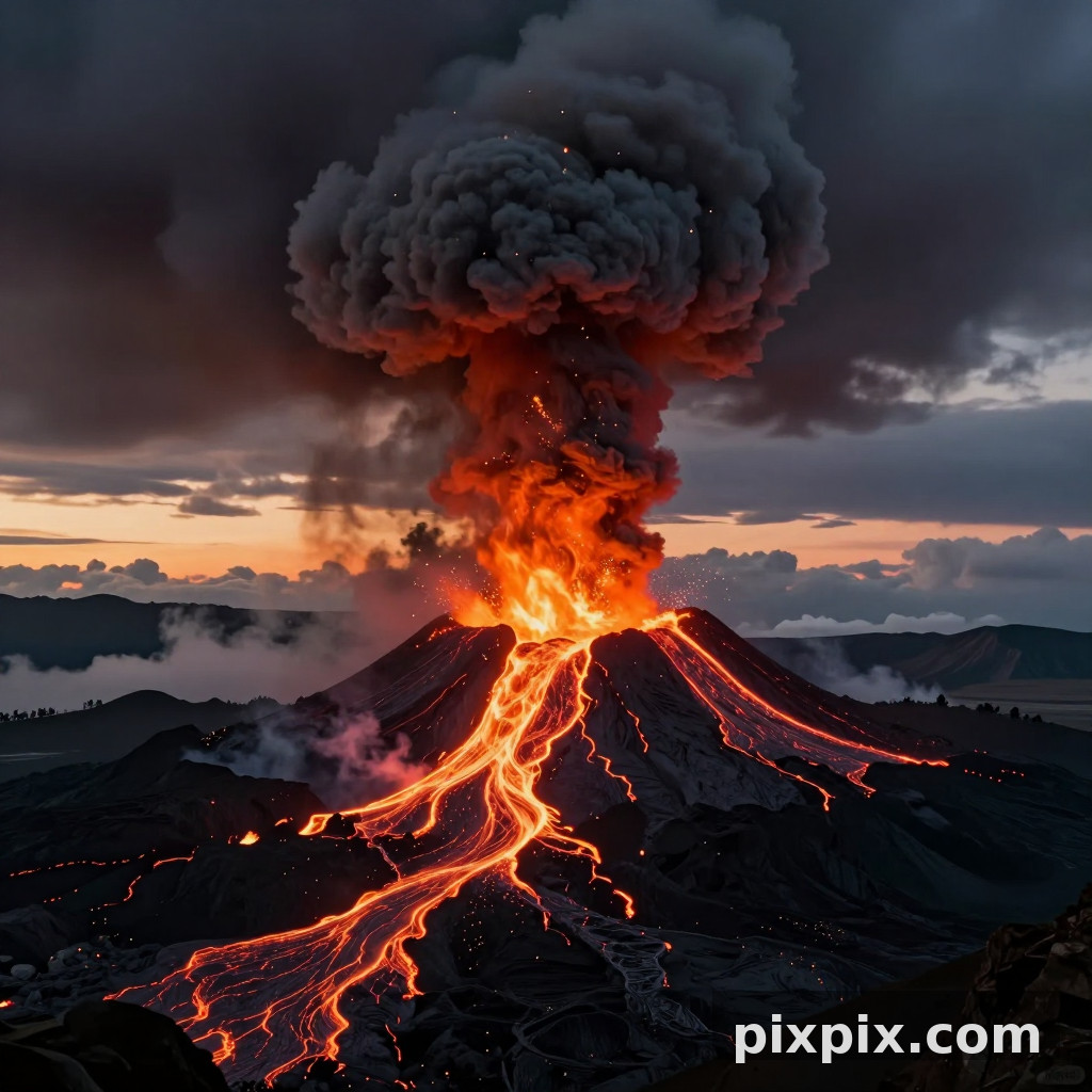 火山喷发 黄昏 - 风景
