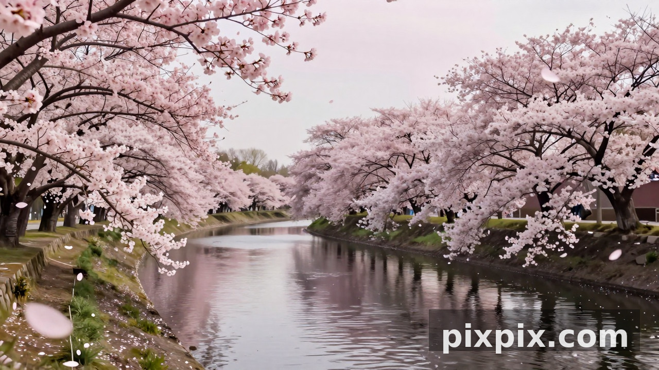 樱花盛开的河岸春景 - 风景