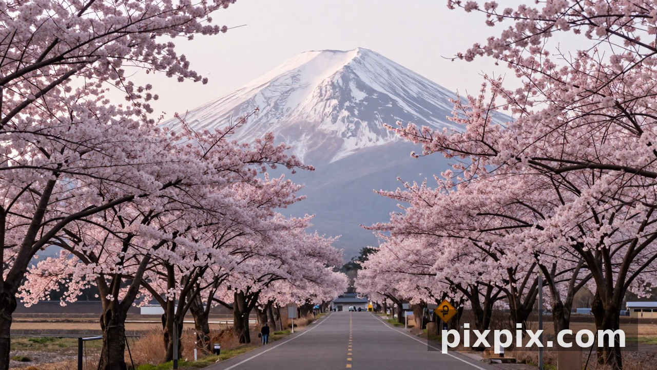 樱花大道与山景 - 风景