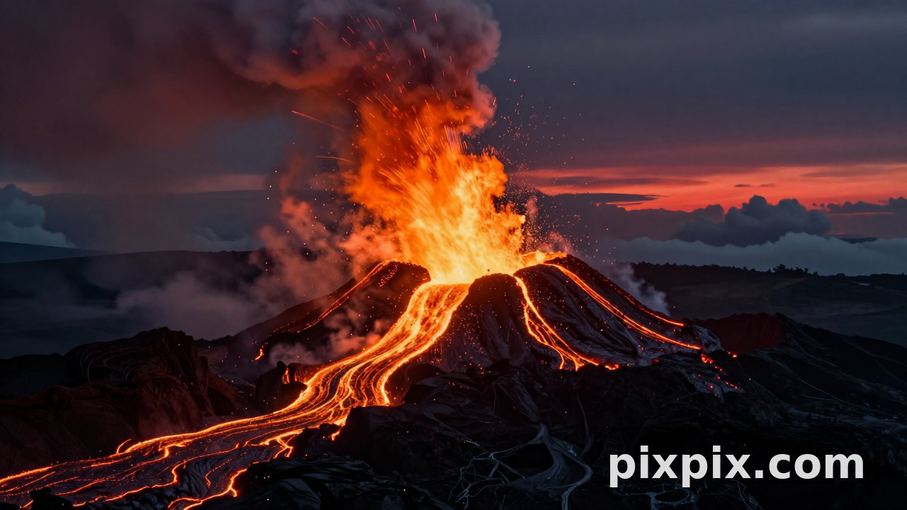 Volcán en erupción con coladas de lava - Landscape